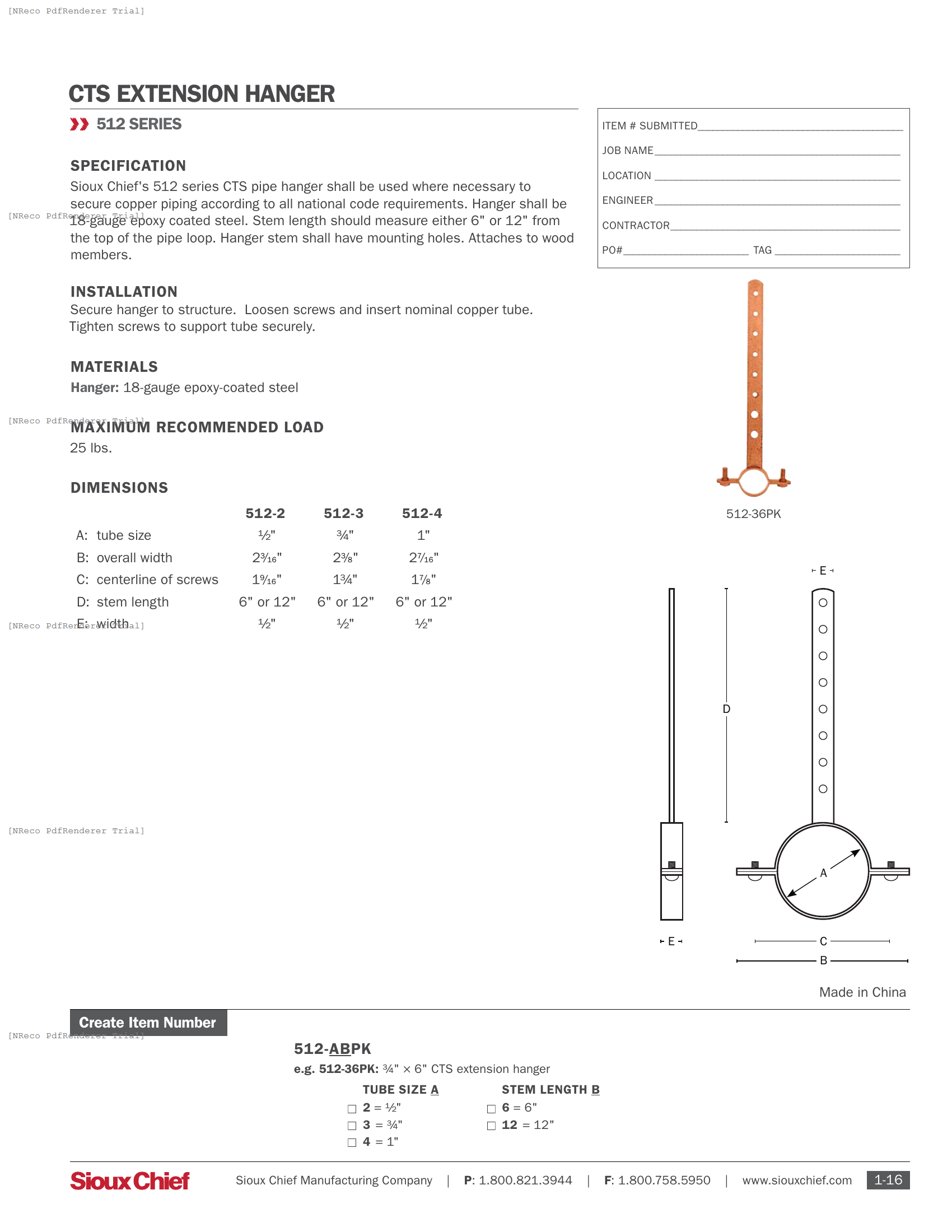 512  SERIES - MILFORD HANGER - SPEC SHEET.PDF Specification Document